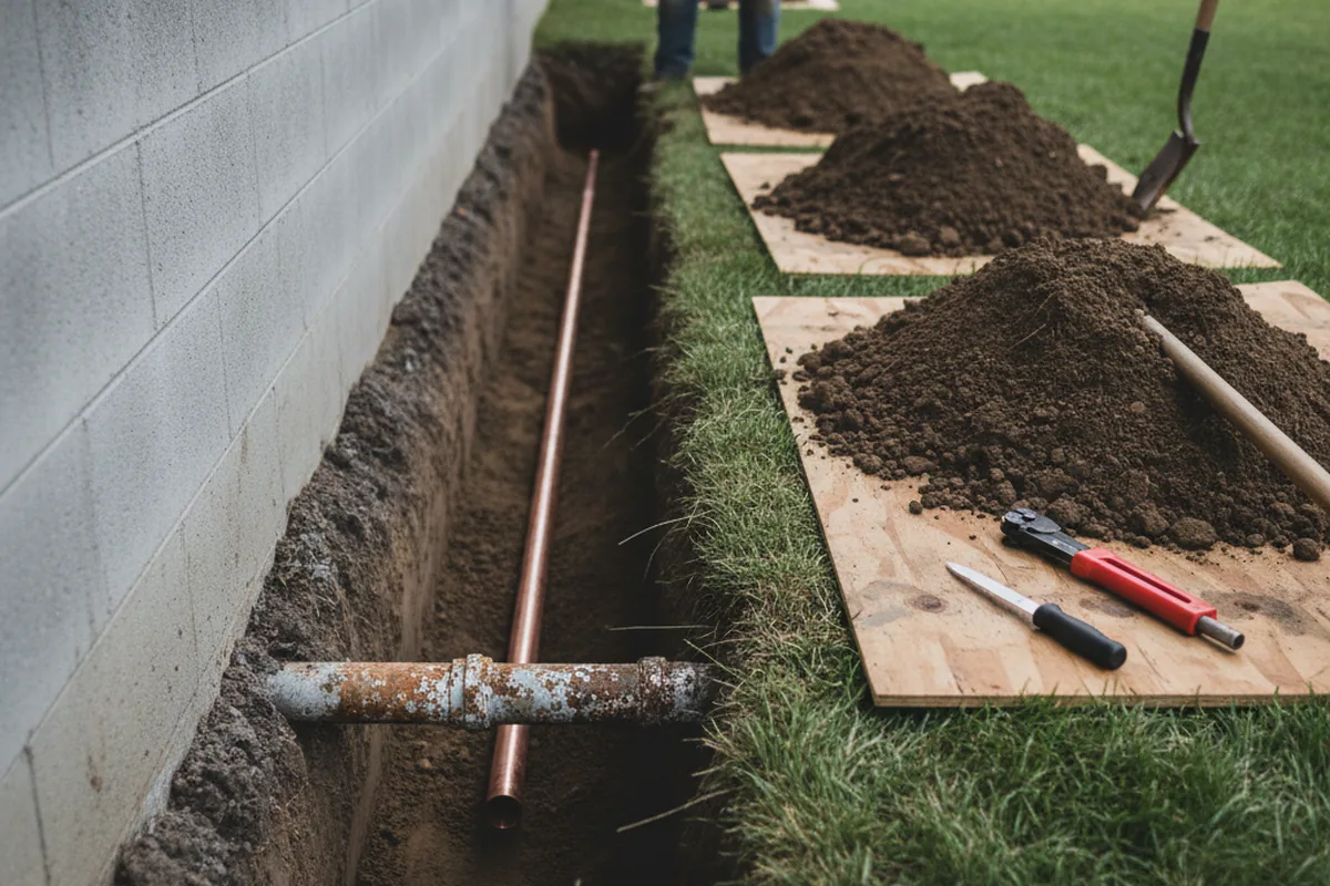 Excavated water line trench during Water Softener Installation in Modesto